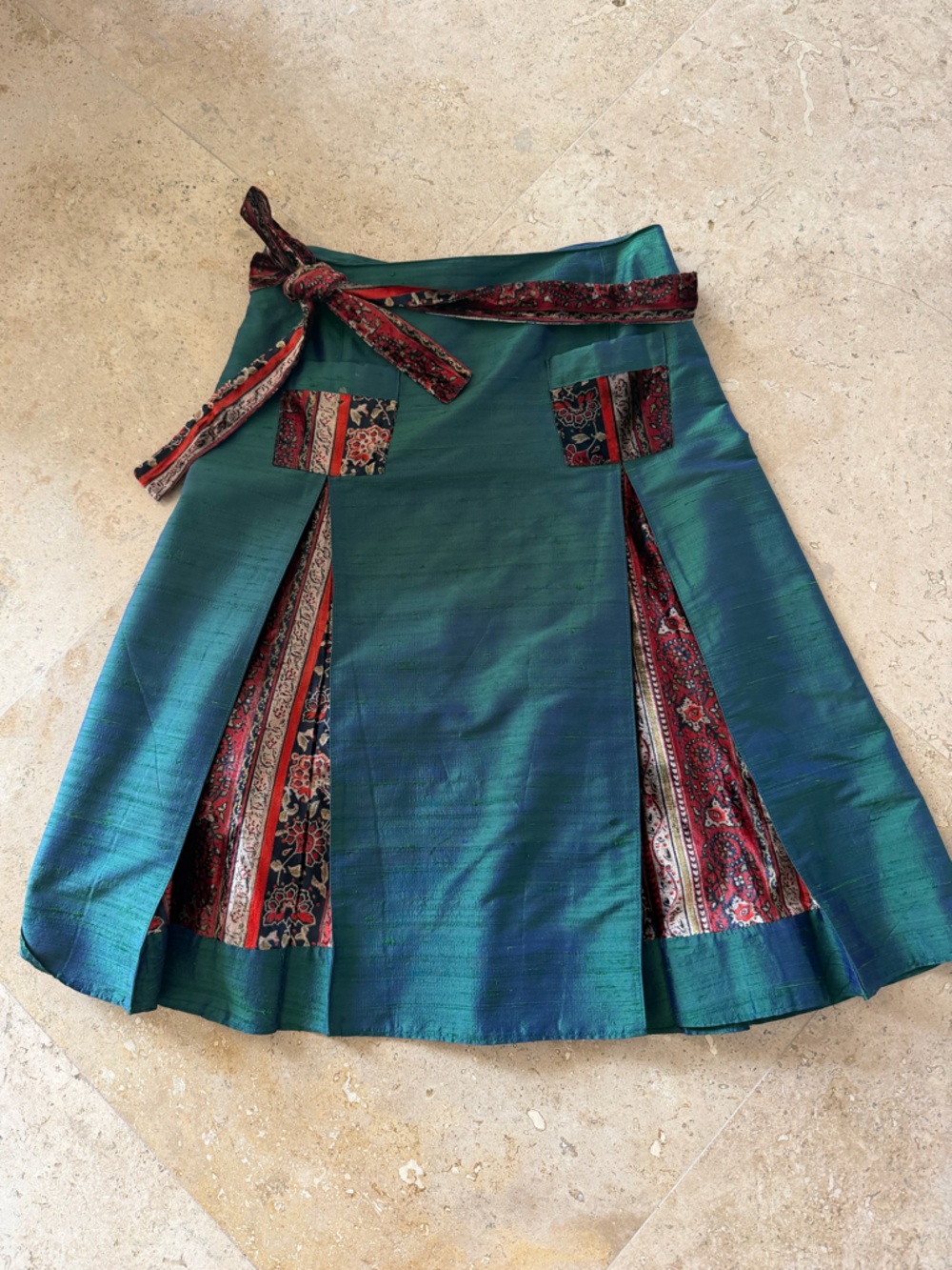 Gianfranco Ferre Teal silk Green and Burgundy Wrap-Detail A-Line Skirt